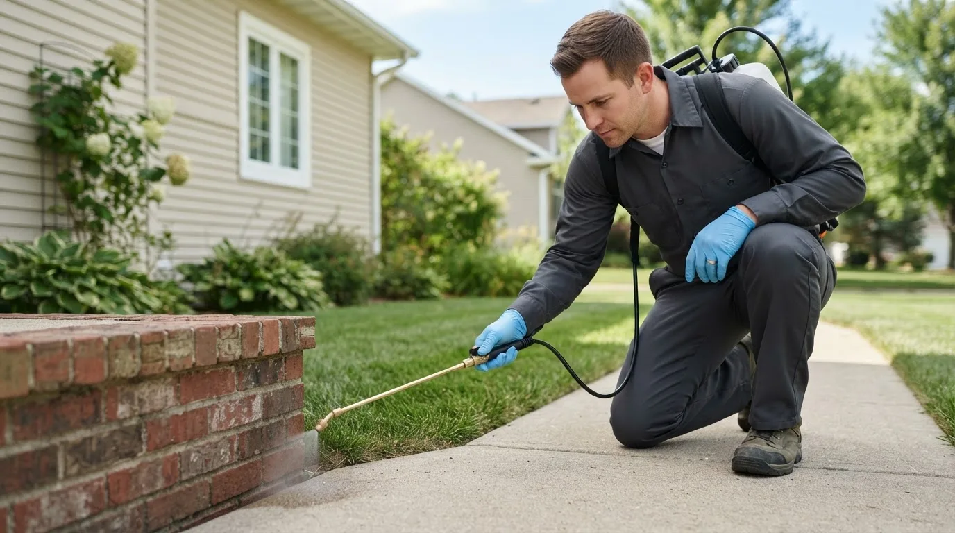 Pest control technician treating a home near Needham, MA