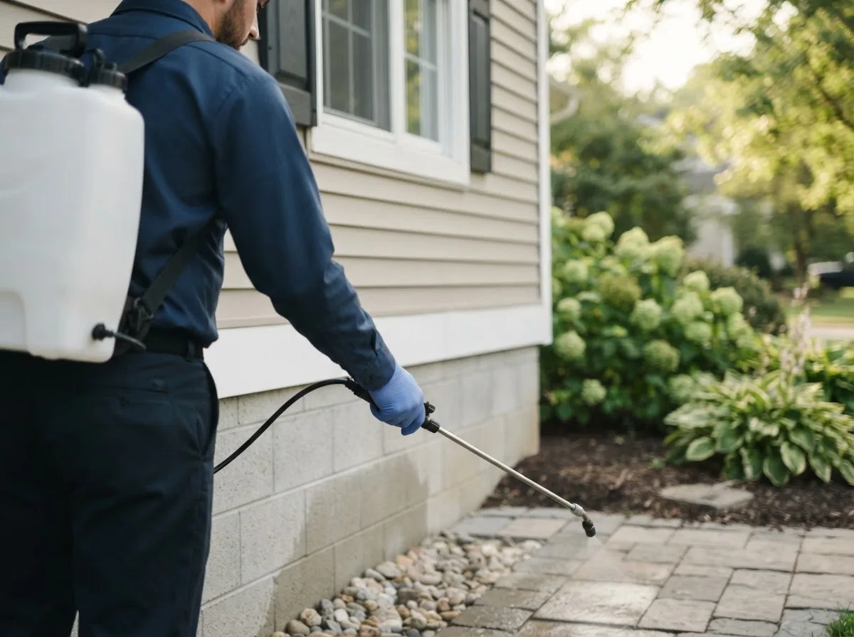 Pest control technician inspecting a home in Needham, MA